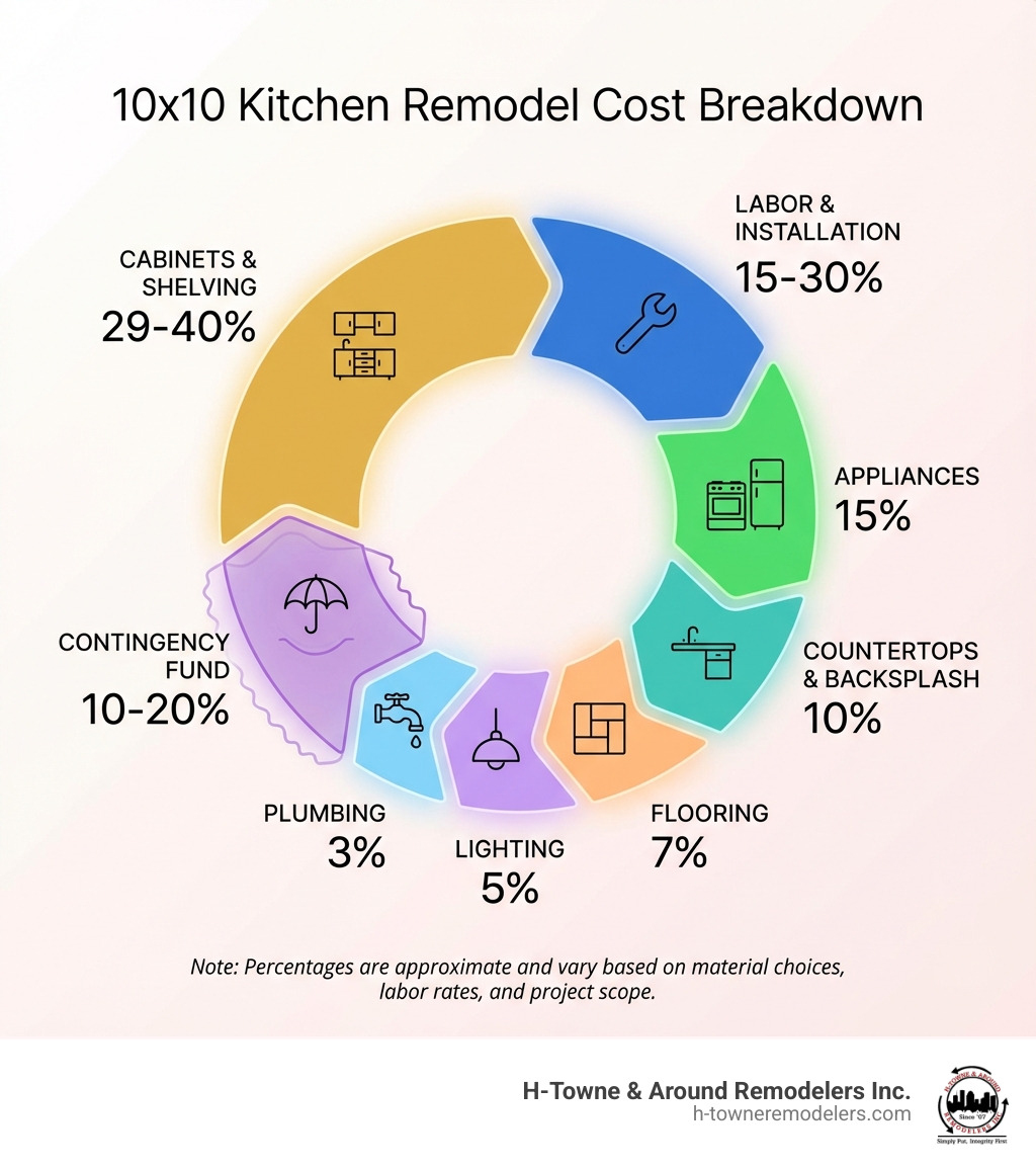 Infographic showing cost breakdown percentages for a 10x10 kitchen remodel: Cabinets 29-40%, Labor 15-30%, Appliances 15%, Countertops 10%, Flooring 7%, Lighting 5%, Plumbing 3%, Contingency 10-20% - how much should a 10x10 kitchen remodel cost infographic 