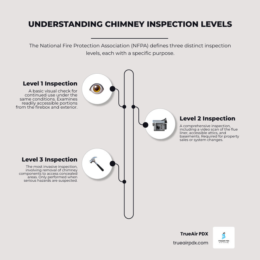Infographic explaining the three levels of chimney inspection at a glance - level 2 chimney inspection infographic infographic-line-3-steps-elegant_beige Infographic explaining the three levels of chimney inspection at a glance - level 2 chimney inspection infographic infographic-line-3-steps-elegant_beige