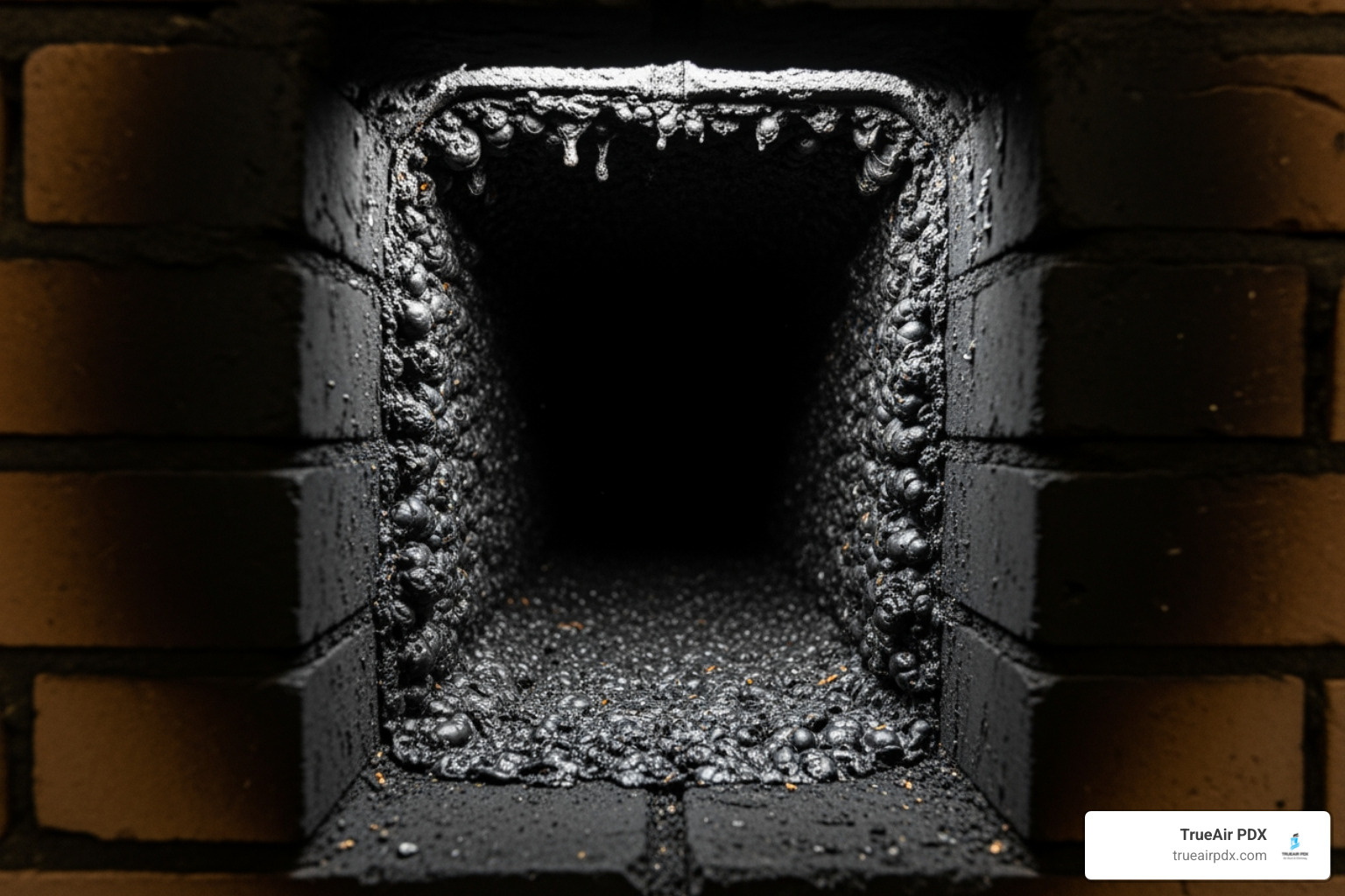 Heavy creosote buildup inside a chimney flue, showing a thick, tarry layer on the chimney walls. - chimney cleaning estimate