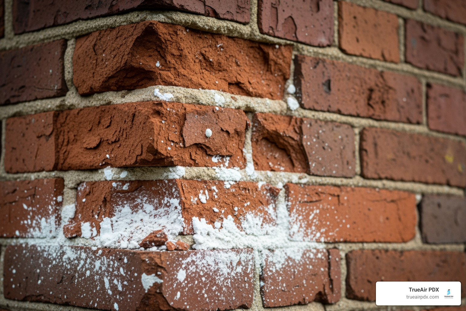 Spalling bricks with white efflorescence stains on a chimney - portland chimney repair Spalling bricks with white efflorescence stains on a chimney - portland chimney repair