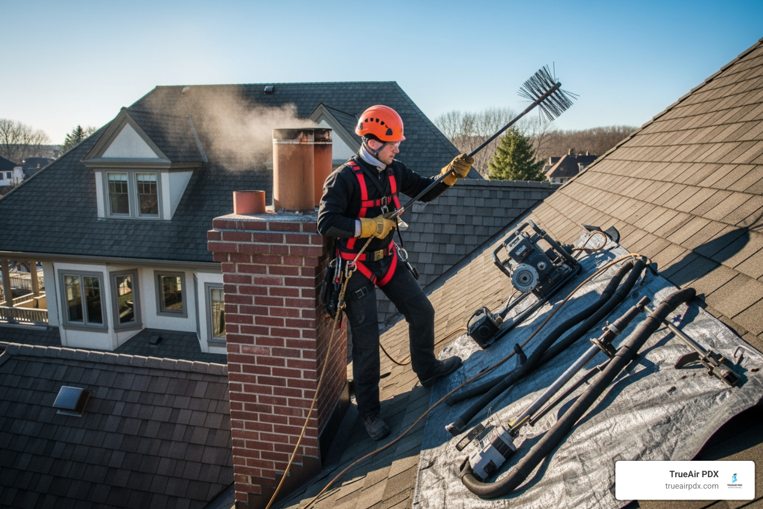 A chimney sweep safely working on a steep roof, secured with safety equipment and specialized tools. - chimney cleaning estimate