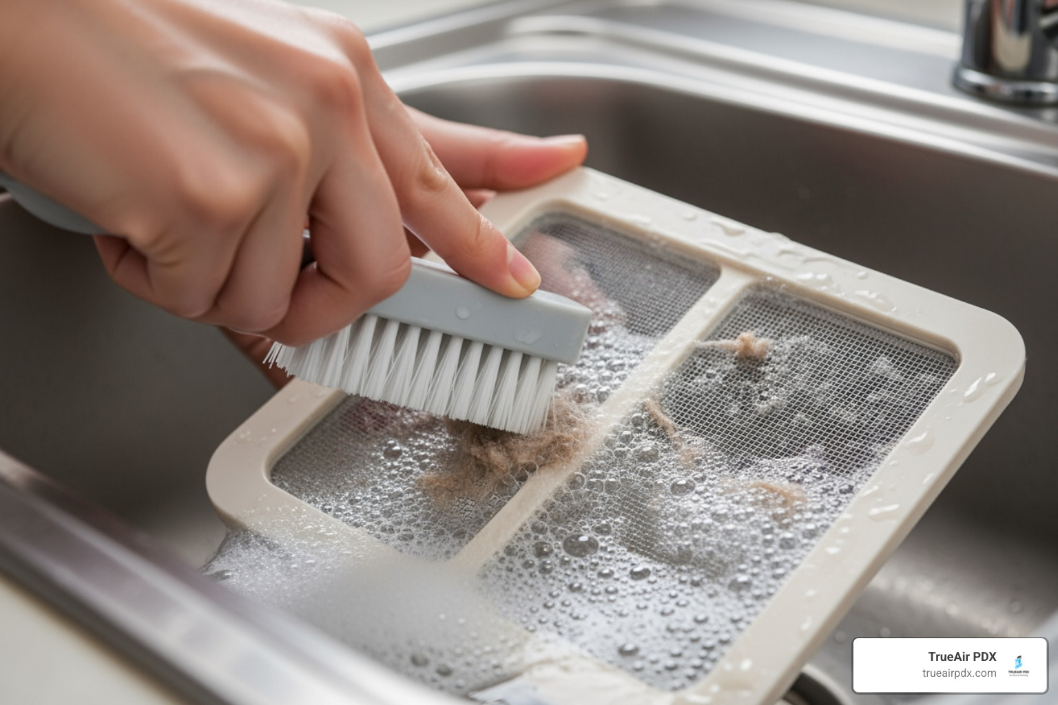 lint filter being scrubbed with a brush in a sink - cleaning the lint filter on a dryer lint filter being scrubbed with a brush in a sink - cleaning the lint filter on a dryer