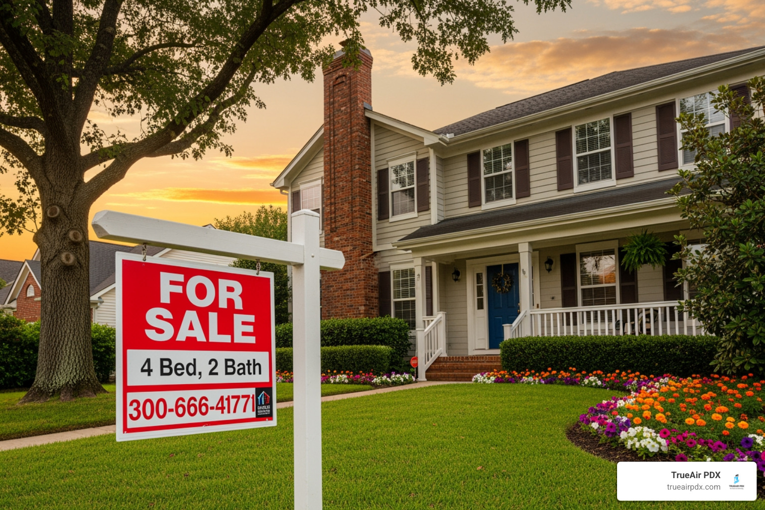 Image of a real estate 'For Sale' sign in front of a house with a chimney - level 2 chimney inspection Image of a real estate 'For Sale' sign in front of a house with a chimney - level 2 chimney inspection