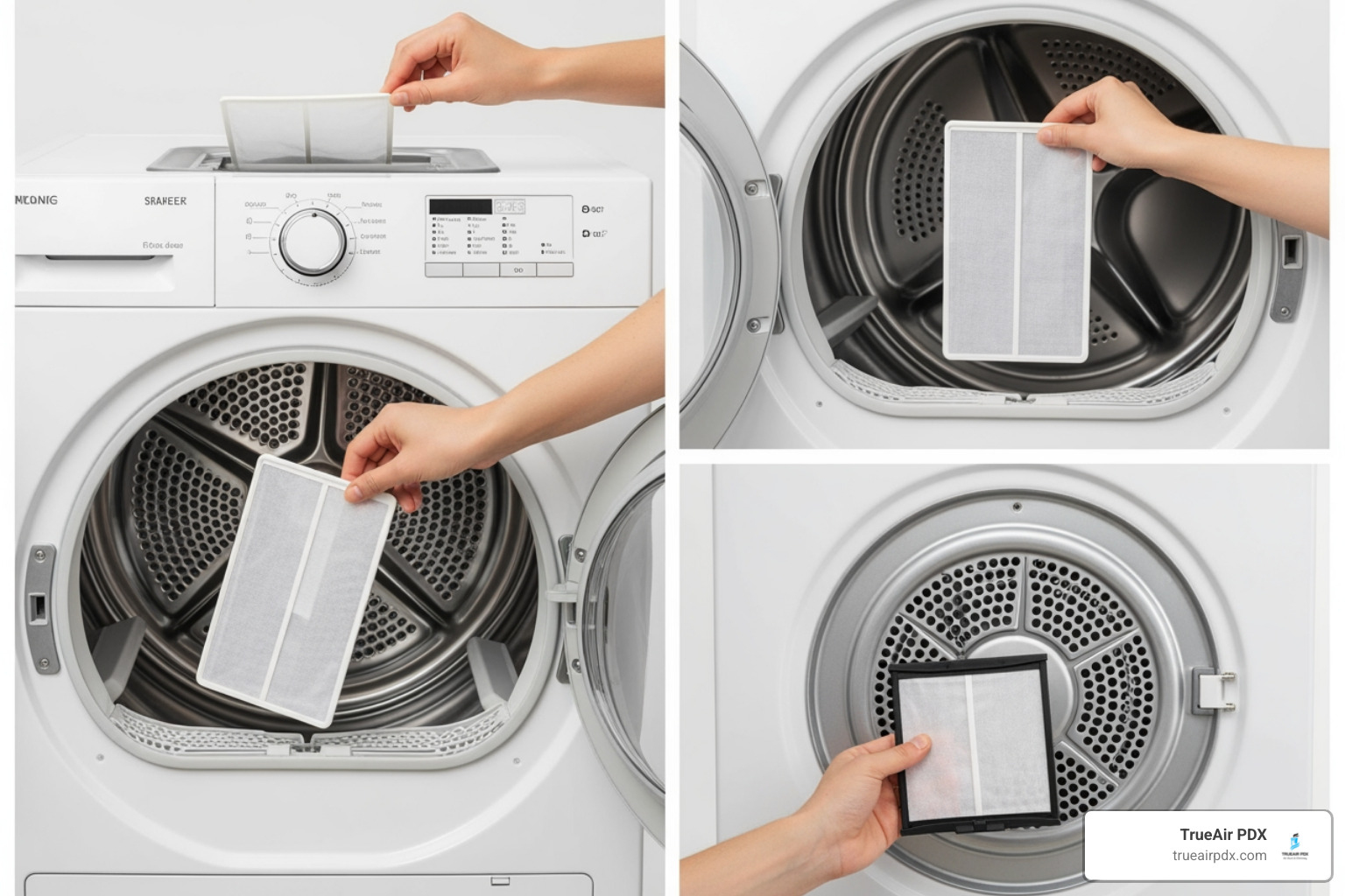 collage showing the three common locations for a dryer lint filter: top-mounted, inside the door, and on the back wall - cleaning the lint filter on a dryer collage showing the three common locations for a dryer lint filter: top-mounted, inside the door, and on the back wall - cleaning the lint filter on a dryer