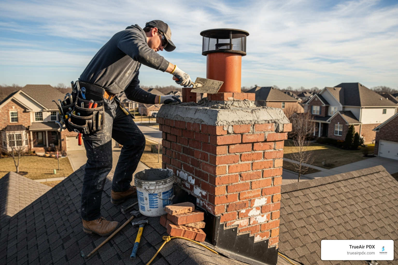 A chimney technician performing a repair on a roof - portland chimney repair A chimney technician performing a repair on a roof - portland chimney repair