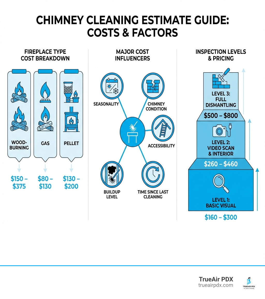 Infographic showing chimney cleaning cost breakdown by fireplace type (wood-burning $150-375, gas $80-130, pellet $130-200), major cost factors (chimney condition, accessibility, time since last cleaning, buildup level, seasonality), and inspection levels (Level 1: $160-300, Level 2: $260-460, Level 3: $500-800) - chimney cleaning estimate infographic 