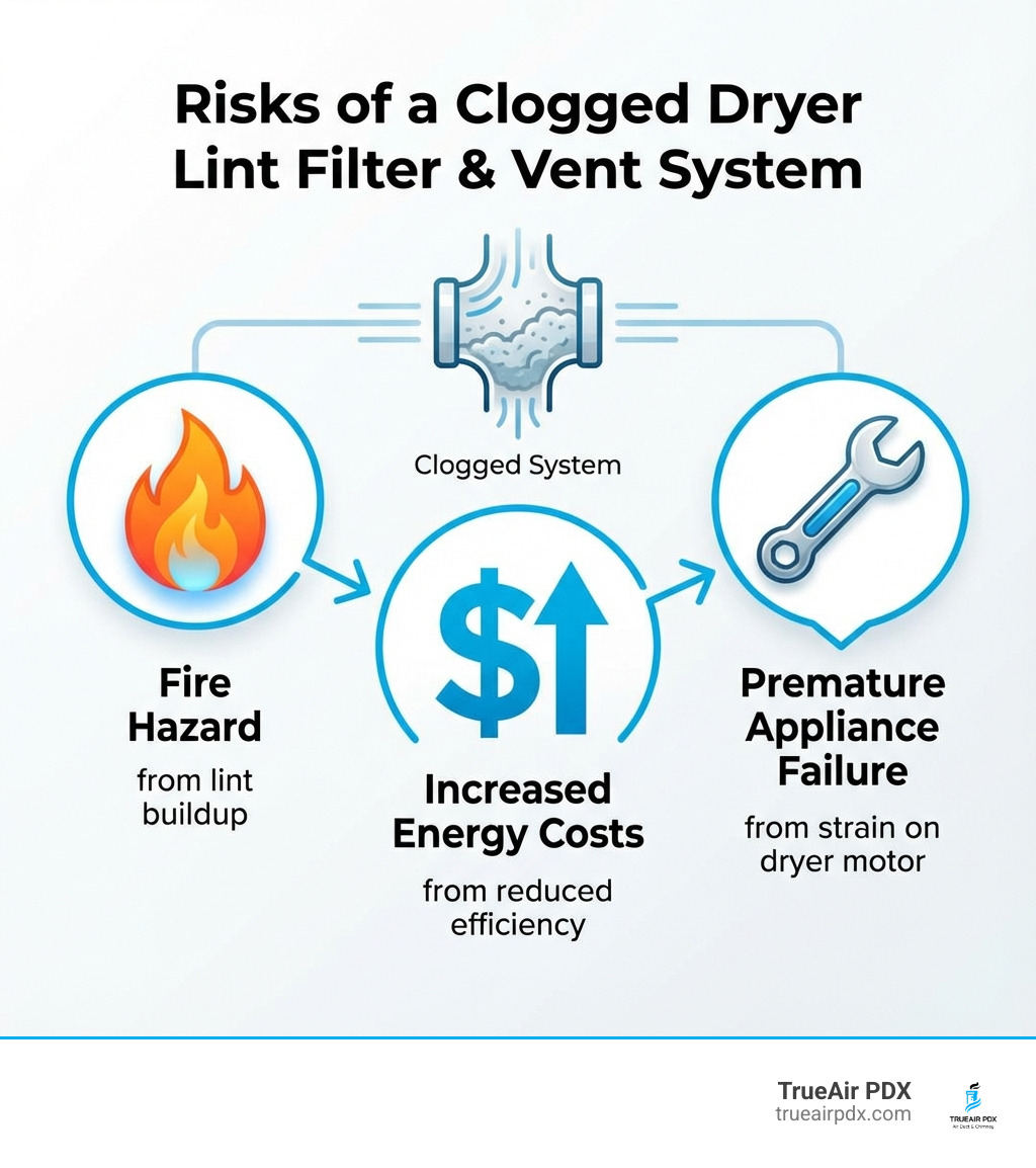 Infographic showing three key risks of a clogged dryer lint filter and vent system: a flame icon representing fire hazard from lint buildup, a dollar sign with upward arrow showing increased energy costs from reduced efficiency, and a wrench icon indicating strain on dryer motor and premature appliance failure - cleaning the lint filter on a dryer infographic Infographic showing three key risks of a clogged dryer lint filter and vent system: a flame icon representing fire hazard from lint buildup, a dollar sign with upward arrow showing increased energy costs from reduced efficiency, and a wrench icon indicating strain on dryer motor and premature appliance failure - cleaning the lint filter on a dryer infographic