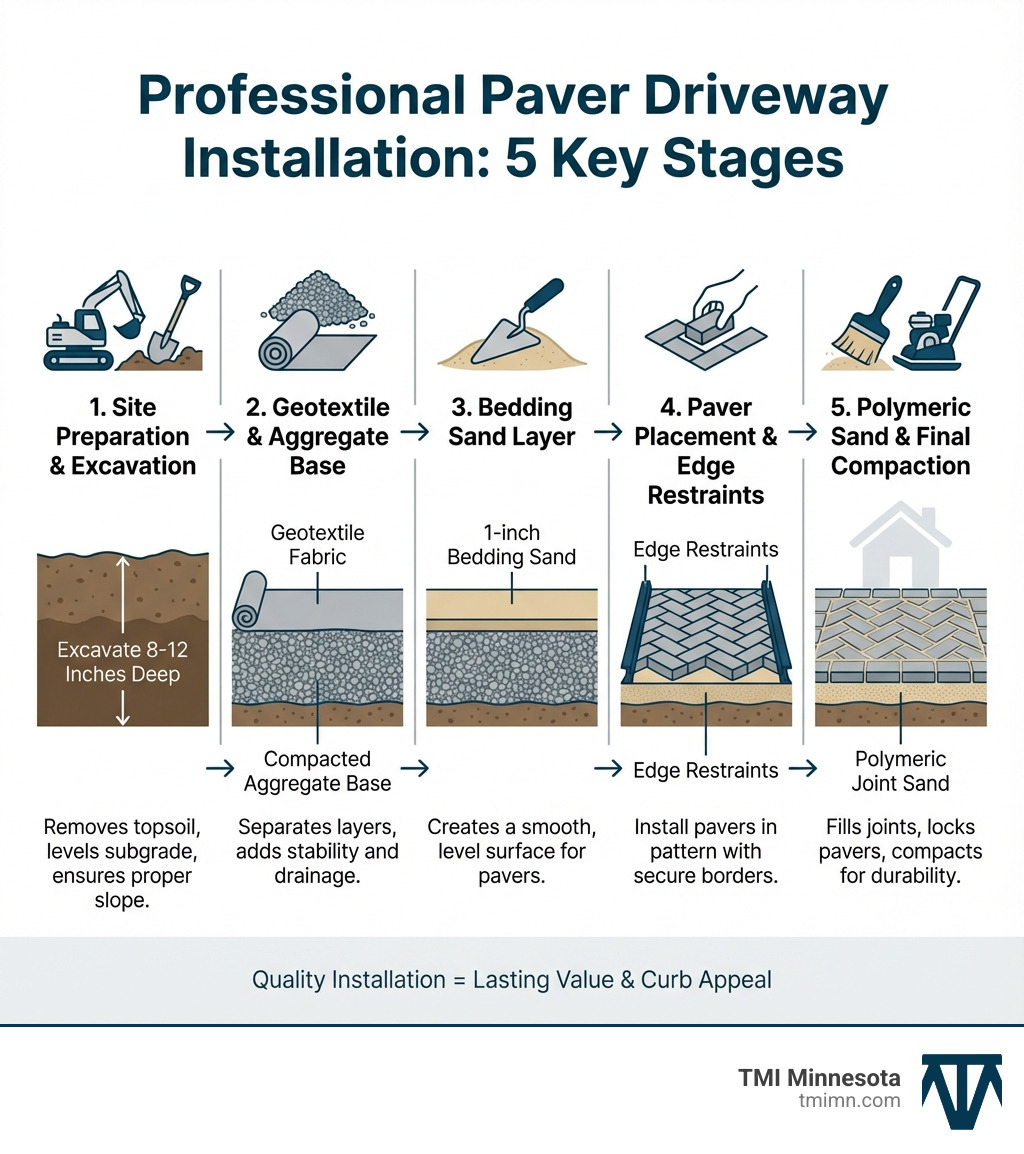 Infographic showing the key stages of professional paver driveway installation: 1) Site preparation and excavation (8-12 inches deep), 2) Geotextile fabric and compacted aggregate base, 3) 1-inch bedding sand layer, 4) Paver placement with edge restraints, 5) Polymeric joint sand and final compaction - paver driveway installation infographic 