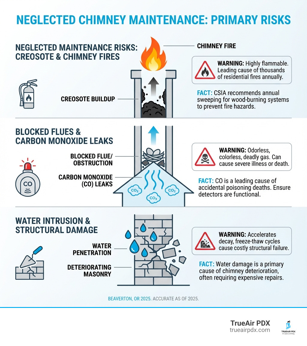 Infographic showing the primary risks of neglected chimney maintenance: creosote buildup leading to chimney fires at the top, carbon monoxide leaks from blocked flues in the middle, and structural damage from water intrusion and deteriorating masonry at the bottom, with warning icons and safety statistics - Beaverton chimney sweep infographic 