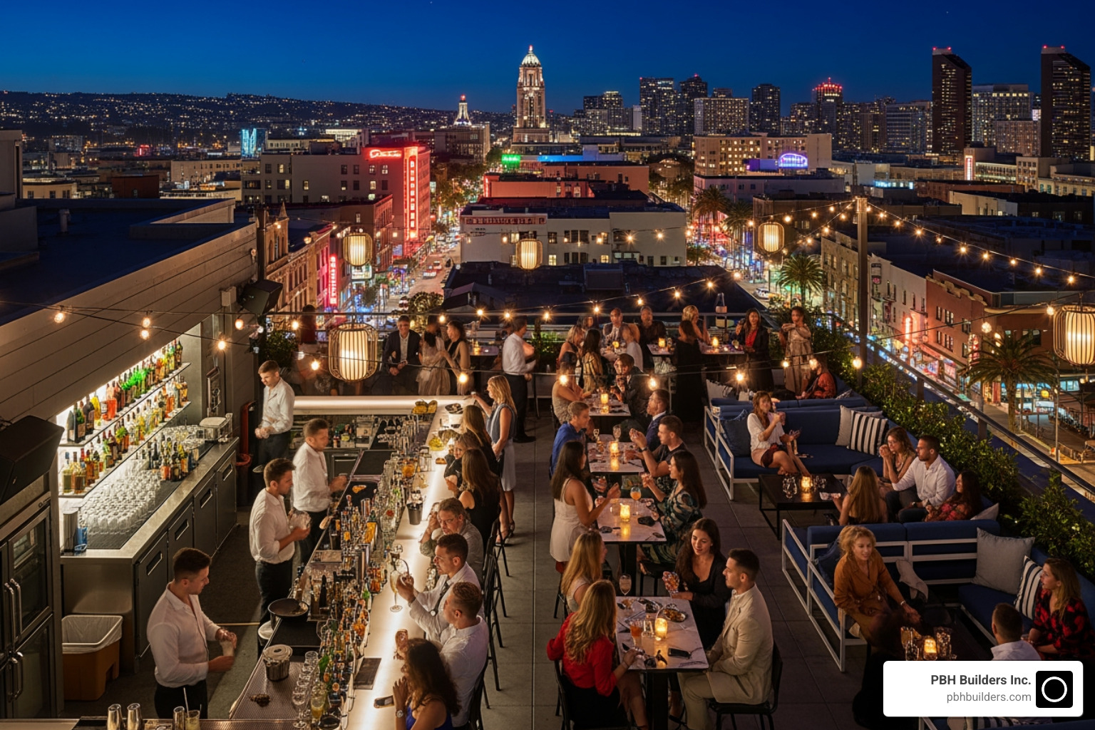 busy rooftop bar overlooking Gaslamp Quarter - Outdoor dining San Diego