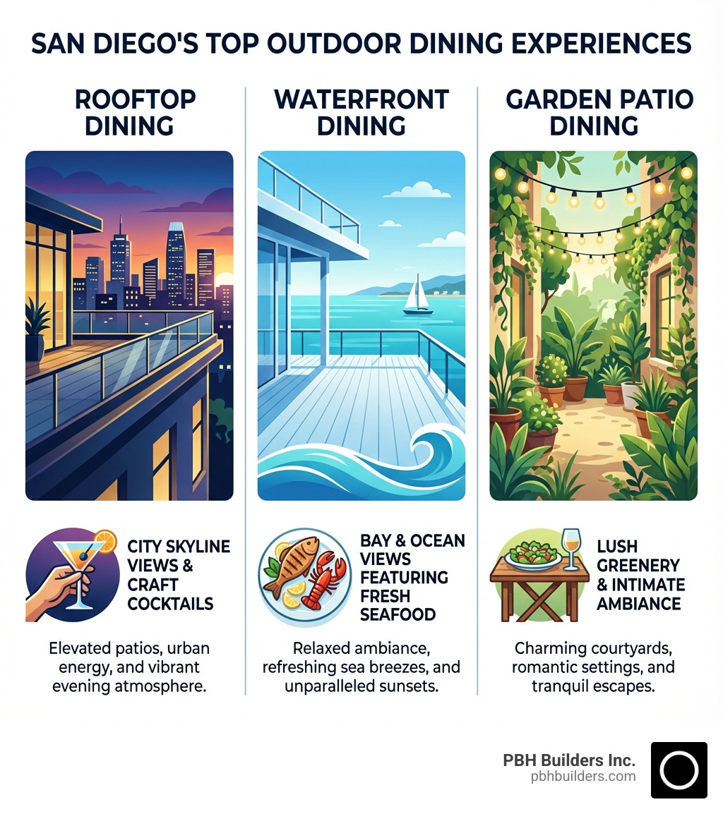 Infographic showing three types of outdoor dining experiences in San Diego: Rooftop dining with city skyline views and craft cocktails, Waterfront dining with bay and ocean views featuring fresh seafood, and Garden patio dining with lush greenery and intimate ambiance - Outdoor dining San Diego infographic 