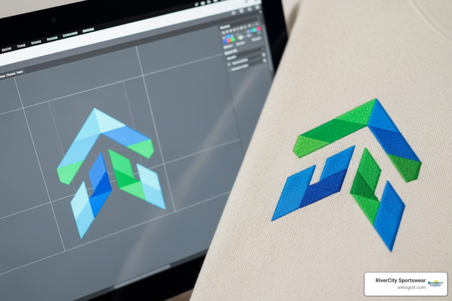 logo on computer screen next to stitched version - embroidery service Austin