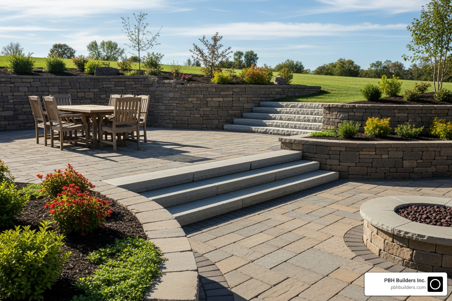 custom multi-level stone patio with an integrated retaining wall and steps - outdoor makeover and living space