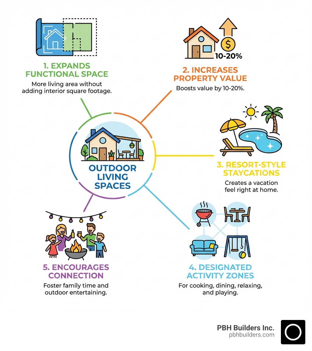 Infographic showing the top 5 benefits of outdoor living spaces: 1. Extends functional living space without adding interior square footage, 2. Increases property value by 10-20%, 3. Creates resort-style staycation opportunities, 4. Provides designated zones for cooking, dining, relaxing and playing, 5. Encourages family time and outdoor entertaining - outdoor makeover and living space infographic 