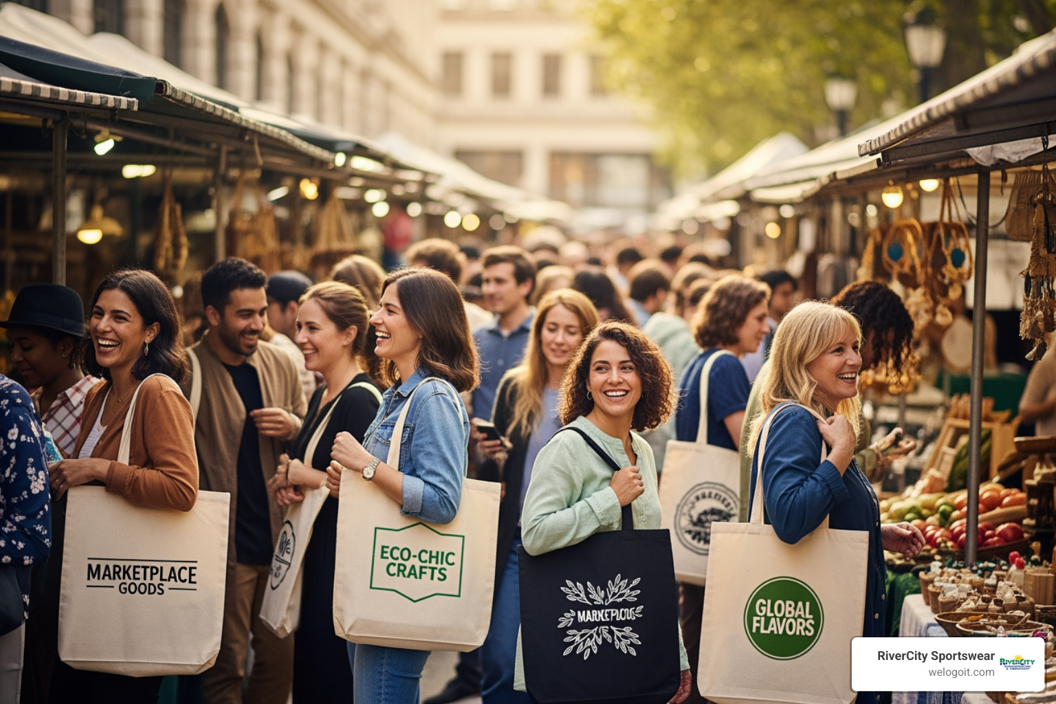 people happily carrying branded tote bags at a trade show or outdoor market - custom tote bags