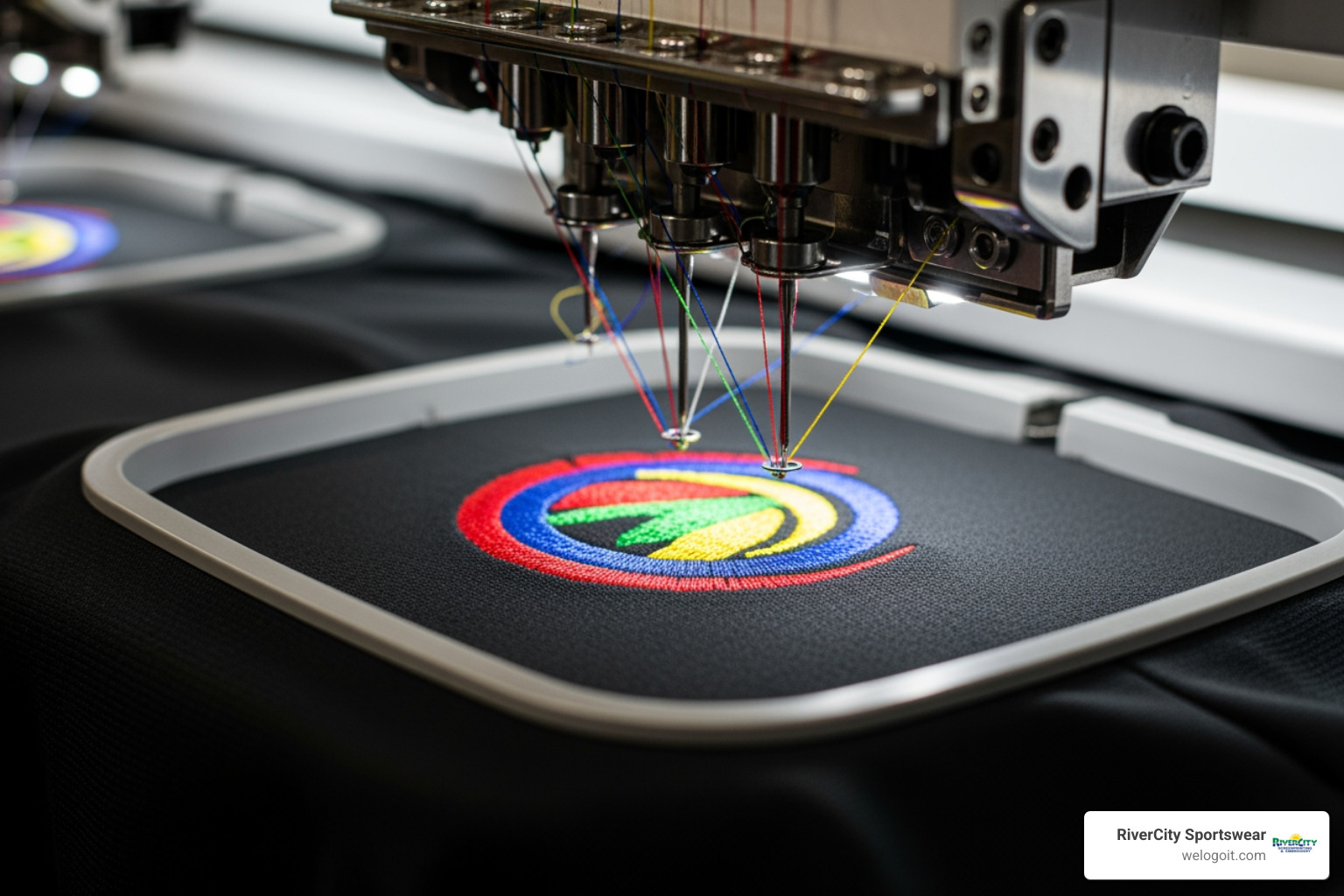 An embroidery machine stitching a logo onto a jacket sleeve - embroidered athletic jackets