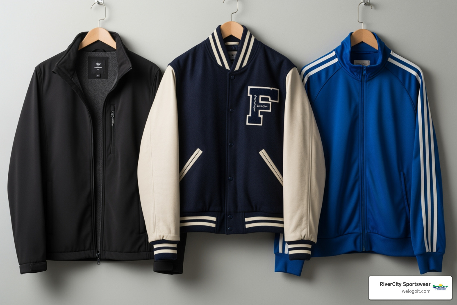 Different types of athletic jackets like a softshell, a varsity jacket, and a track jacket - embroidered athletic jackets