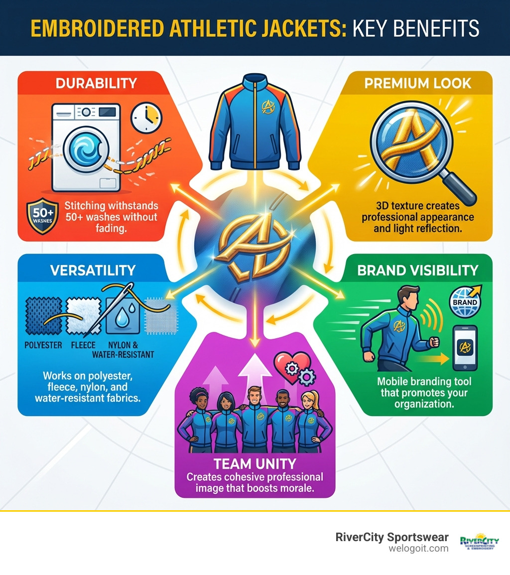 Infographic showing key benefits of embroidered athletic jackets: Durability (stitching withstands 50+ washes without fading), Premium Look (3D texture creates professional appearance and light reflection), Versatility (works on polyester, fleece, nylon, and water-resistant fabrics), Brand Visibility (mobile branding tool that promotes your organization), and Team Unity (creates cohesive professional image that boosts morale) - embroidered athletic jackets infographic 