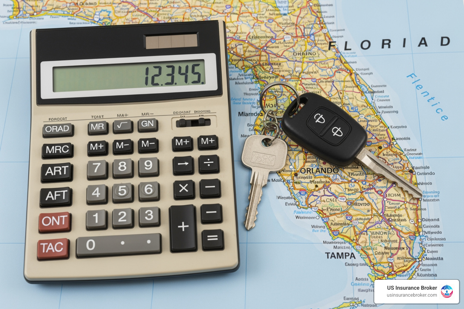 Calculator and car keys on a map of Florida - auto insurance deland