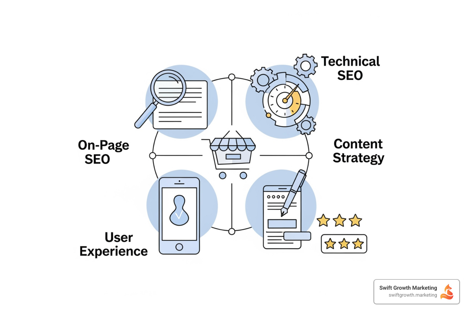Infographic showing the four pillars of product page SEO: On-Page SEO elements including keyword-optimized titles and descriptions, Technical SEO factors like page speed and structured data, User Experience components such as mobile optimization and clear navigation, and Content Strategy featuring unique descriptions and user reviews - product page SEO