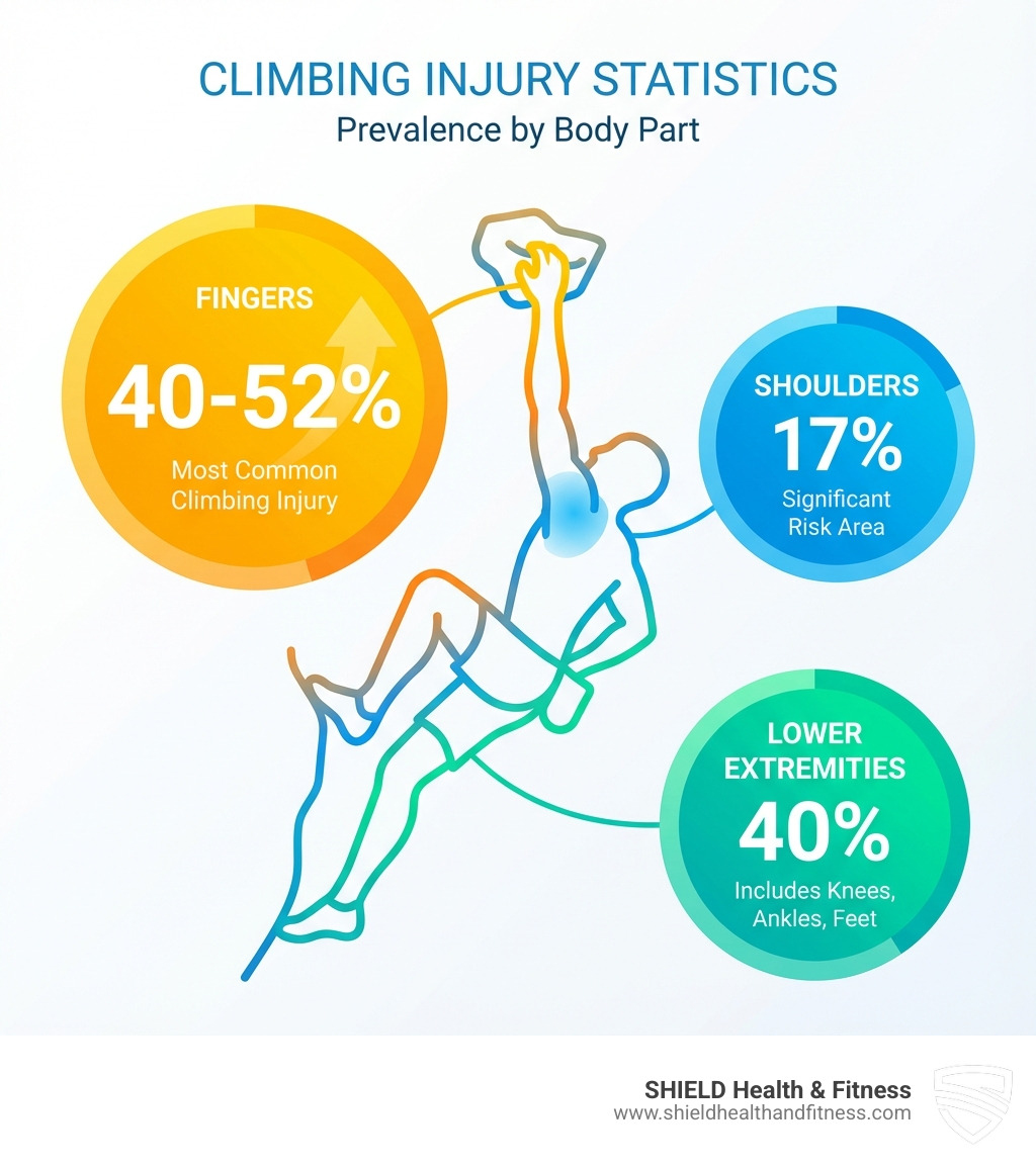 infographic showing climbing injury statistics with fingers at 40-52%, shoulders at 17%, and lower extremities at 40% - climbing finger injury prevention infographic infographic showing climbing injury statistics with fingers at 40-52%, shoulders at 17%, and lower extremities at 40% - climbing finger injury prevention infographic