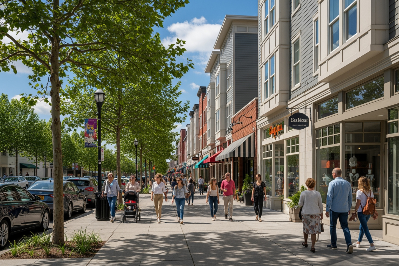 revitalized neighborhood street with housing and businesses - affordable housing non-profit