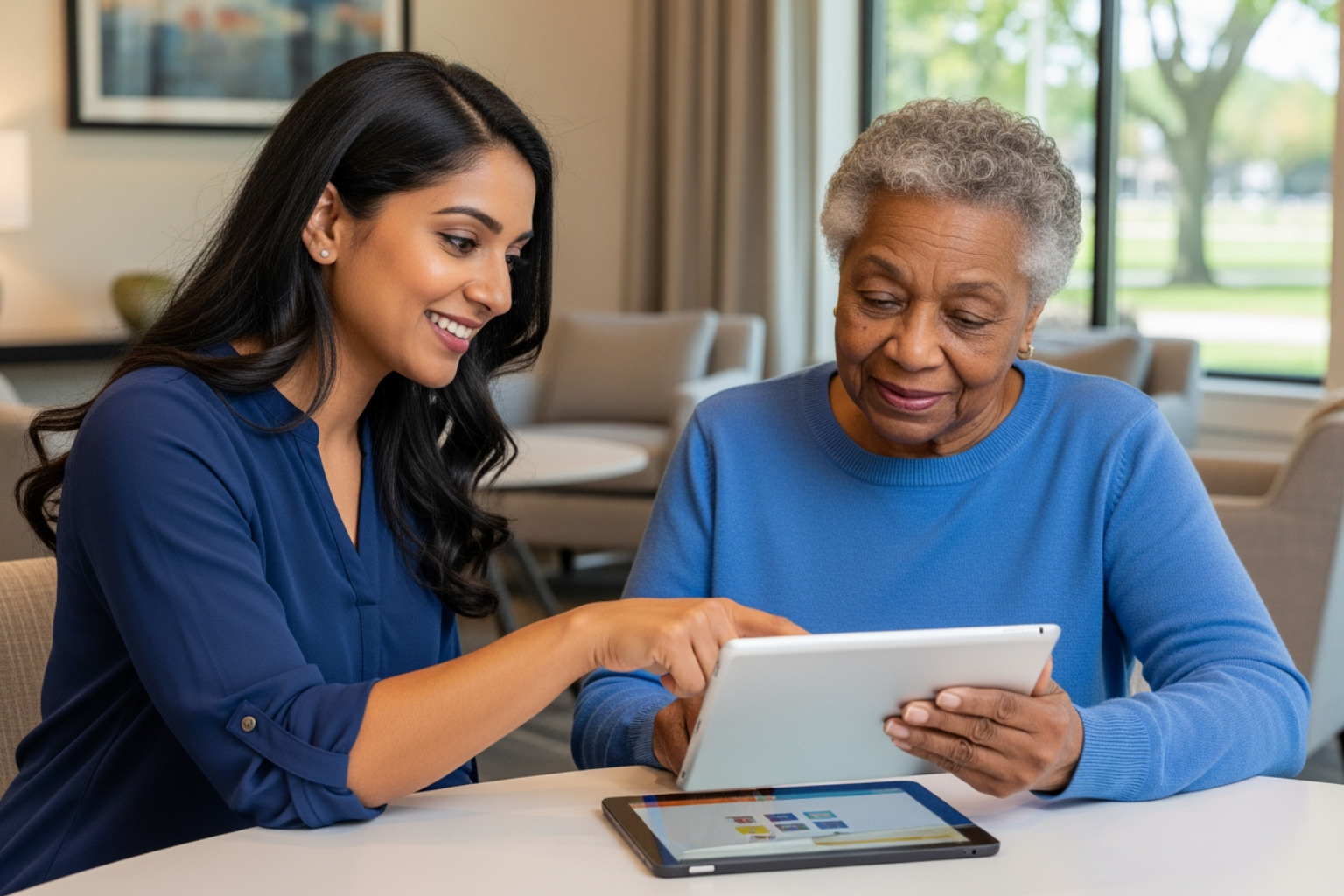 resident services coordinator helping senior resident with tablet - affordable housing non-profit
