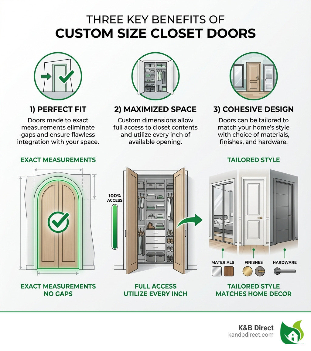 Infographic showing three main benefits of custom size closet doors: 1) Perfect Fit - doors made to exact measurements eliminate gaps and ensure flawless integration with your space, 2) Maximized Space - custom dimensions allow full access to closet contents and utilize every inch of available opening, 3) Cohesive Design - doors can be tailored to match your home's style with choice of materials, finishes, and hardware - Custom size closet doors infographic 