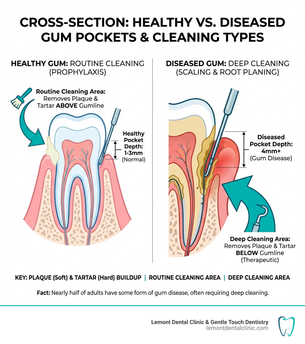 infographic showing cross-section comparison of healthy gum with 1-3mm pocket depth versus diseased gum with 4mm+ pocket depth, illustrating plaque buildup above and below gumline, and the difference between routine cleaning area and deep cleaning area - scale and clean dentist infographic 