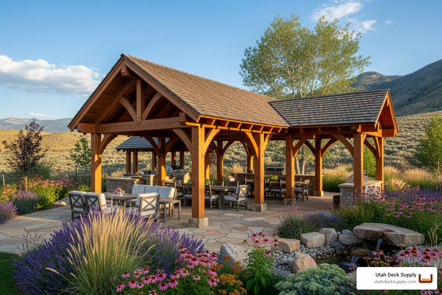 stunning wooden pavilion in a beautifully landscaped yard, ready for relaxation and gatherings - wooden pavilion kits