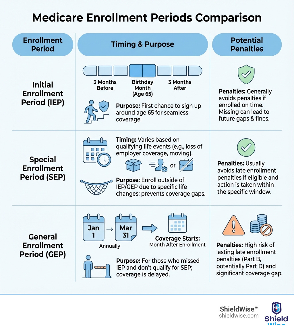 Table comparing the Initial Enrollment Period, Special Enrollment Period, and General Enrollment Period, including timing, purpose, and potential penalties for misuse - how to sign up for medicare infographic Table comparing the Initial Enrollment Period, Special Enrollment Period, and General Enrollment Period, including timing, purpose, and potential penalties for misuse - how to sign up for medicare infographic