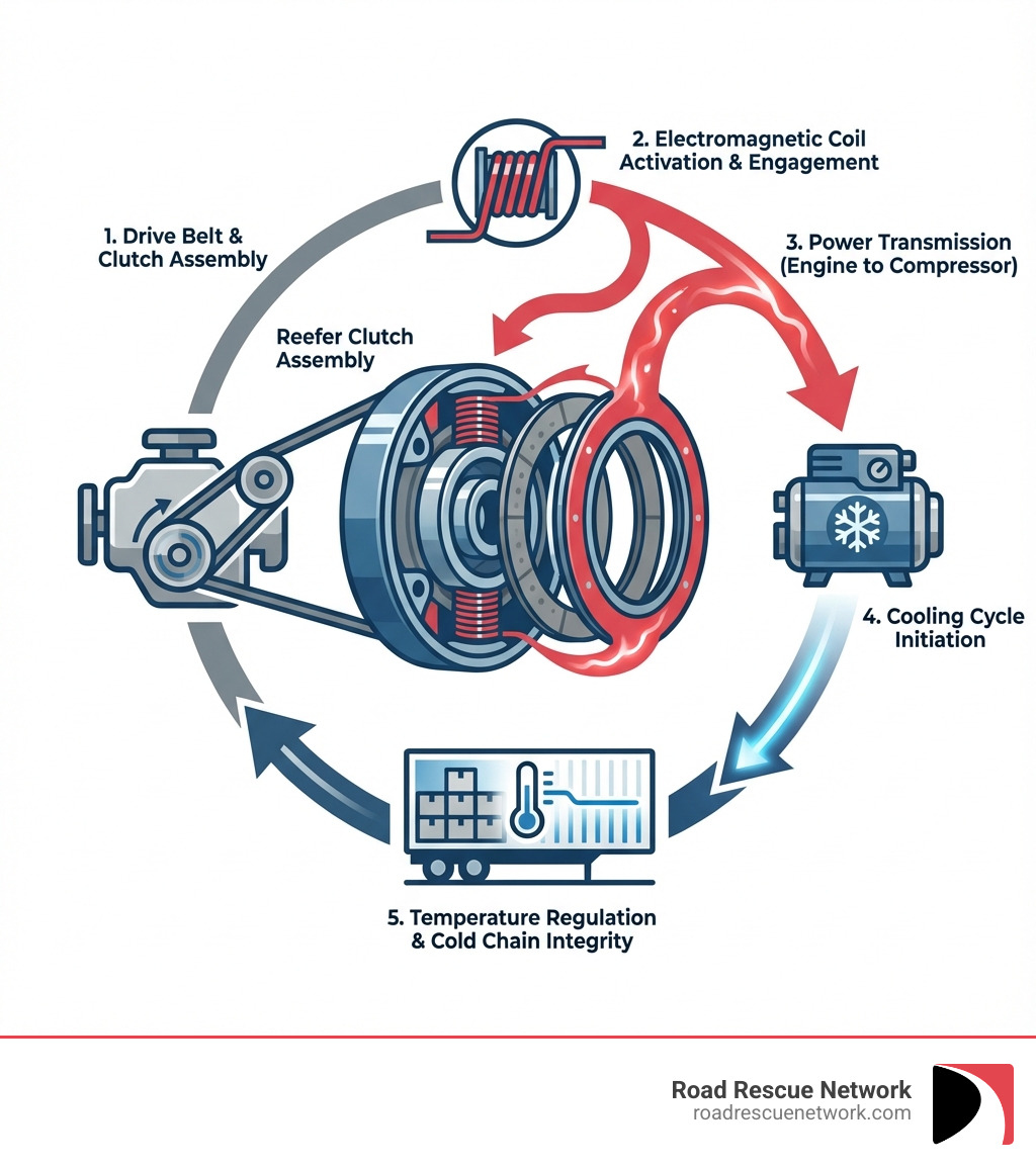 Infographic showing reefer clutch components and engagement cycle: clutch assembly connected to drive belt, electromagnetic coil activation engaging clutch plates, power transmission from engine to compressor, cooling cycle initiation, and temperature regulation maintaining cargo integrity throughout the cold chain - reefer clutch repair infographic Infographic showing reefer clutch components and engagement cycle: clutch assembly connected to drive belt, electromagnetic coil activation engaging clutch plates, power transmission from engine to compressor, cooling cycle initiation, and temperature regulation maintaining cargo integrity throughout the cold chain - reefer clutch repair infographic