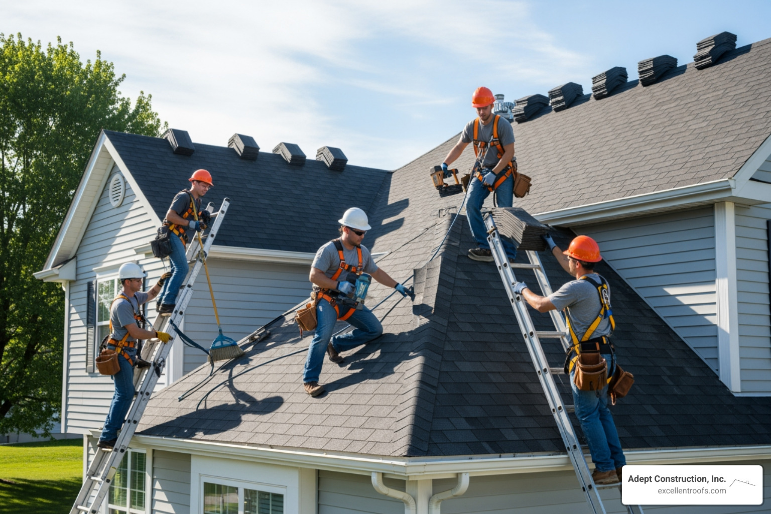 a roofing team safely working on a residential roof - roofing companies Downers Grove a roofing team safely working on a residential roof - roofing companies Downers Grove