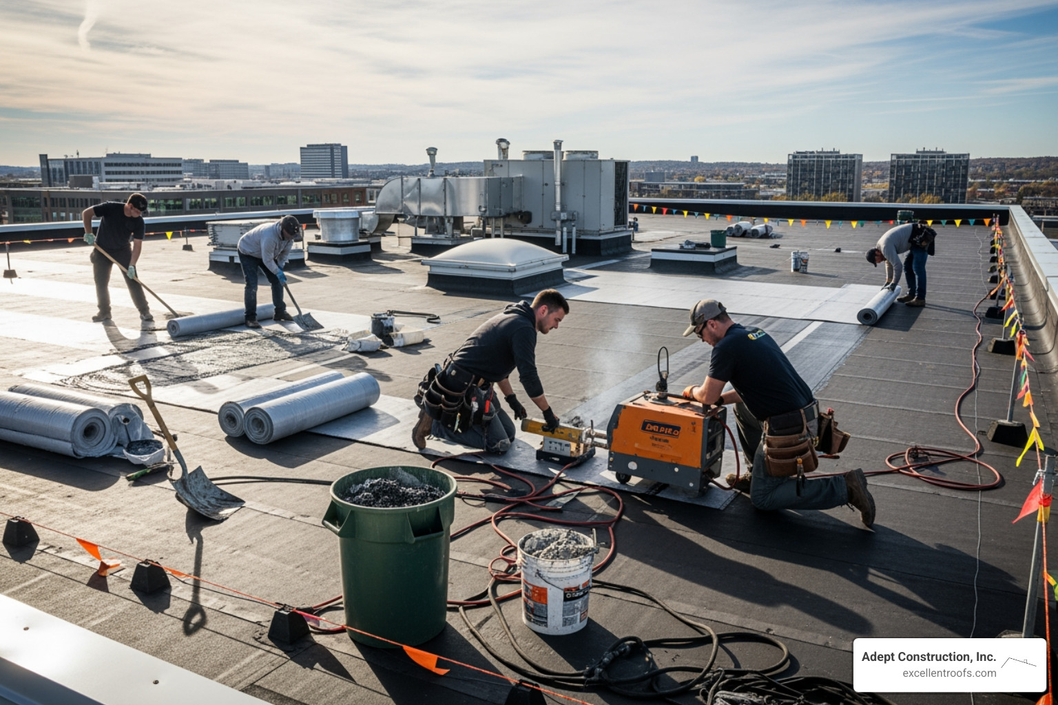 A roofing crew working on a large flat roof - commercial roofing companies near me naperville