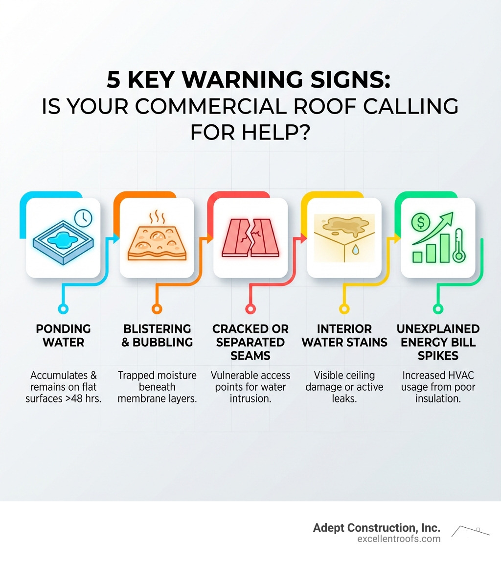 infographic showing 5 key warning signs a commercial roof needs attention: ponding water on flat surfaces, visible blistering or bubbling in the membrane, cracked or separated seams, interior water stains or ceiling damage, and unexplained increases in energy bills - commercial roofing companies near me naperville infographic 