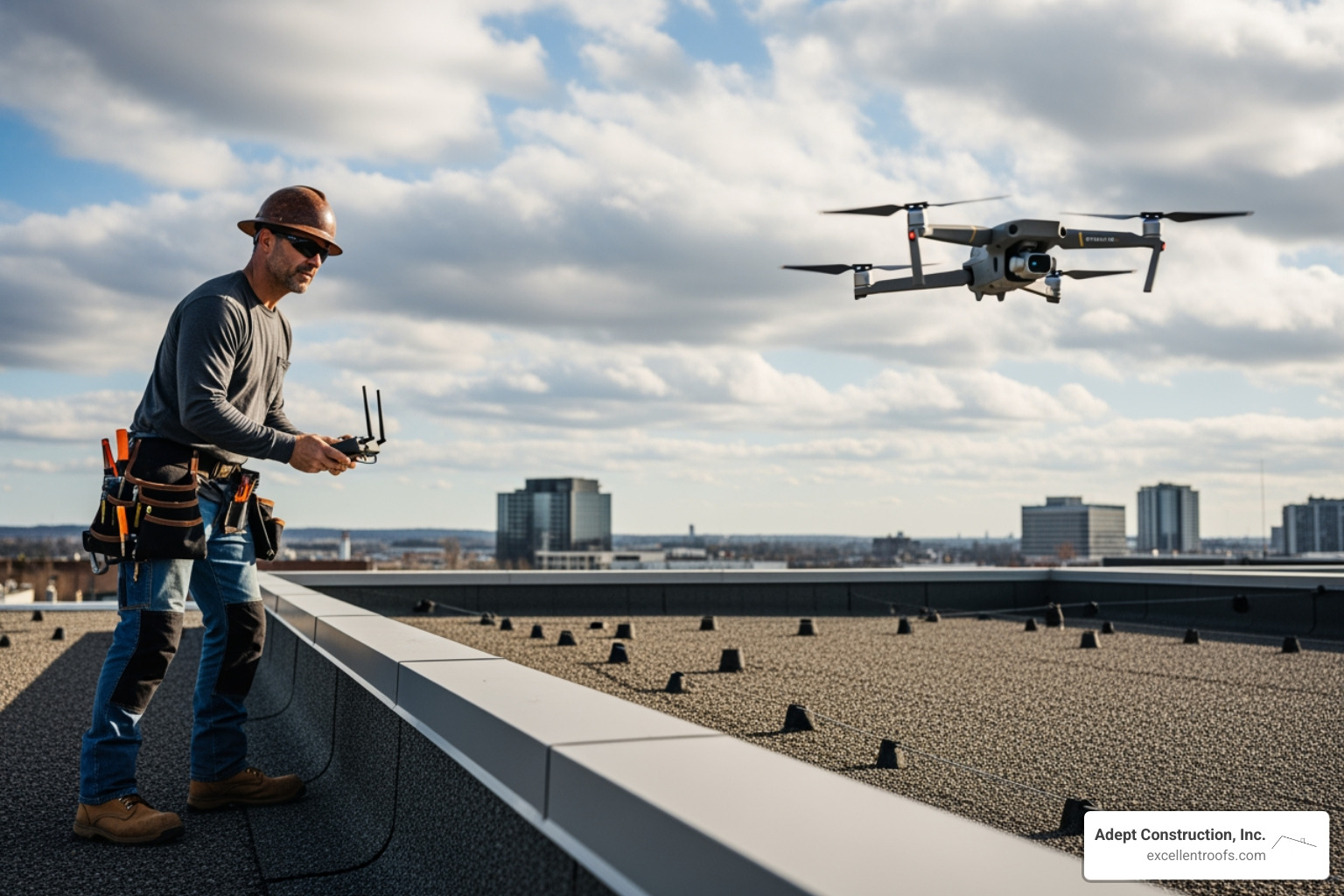 Professional roofer inspecting a flat commercial roof with a drone - how to repair storm damage on commercial roof
