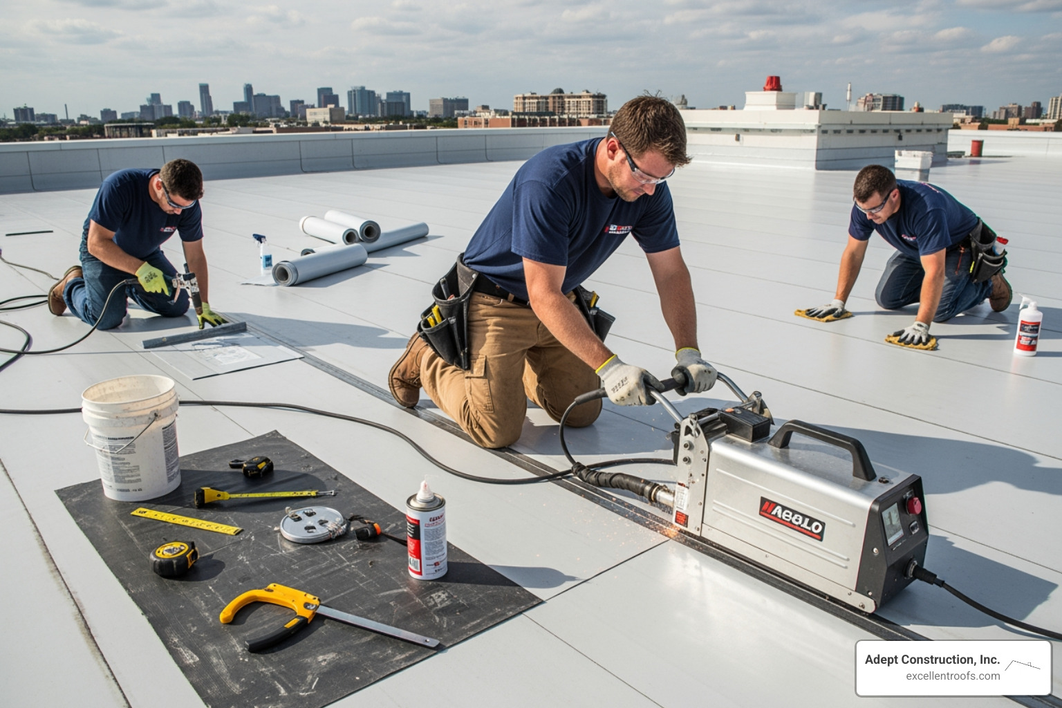 Commercial roofing team performing a heat-welded TPO repair - how to repair storm damage on commercial roof
