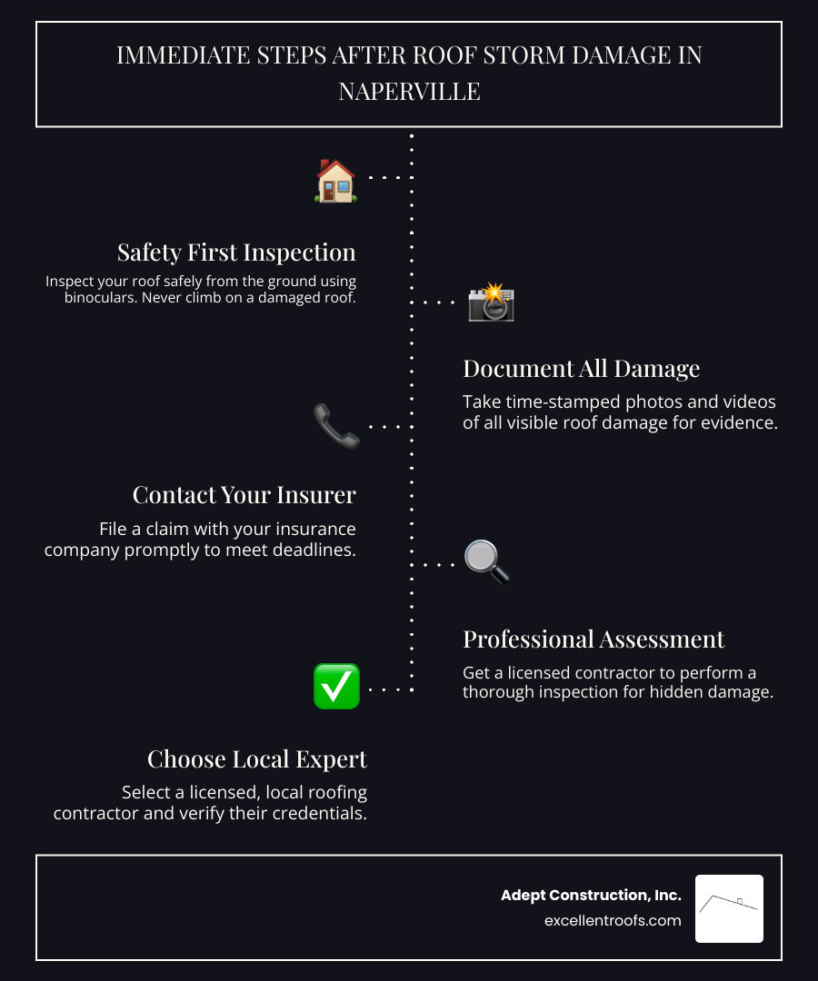 Infographic showing the 5-step storm damage roof repair process: 1) Safety inspection from ground level with documentation, 2) Contact insurance and file claim with photos, 3) Professional contractor assessment for hidden damage, 4) Insurance adjuster meeting with contractor present, 5) Repair or replacement work with proper permits and warranties - storm damage roof repair in naperville infographic infographic-line-5-steps-dark