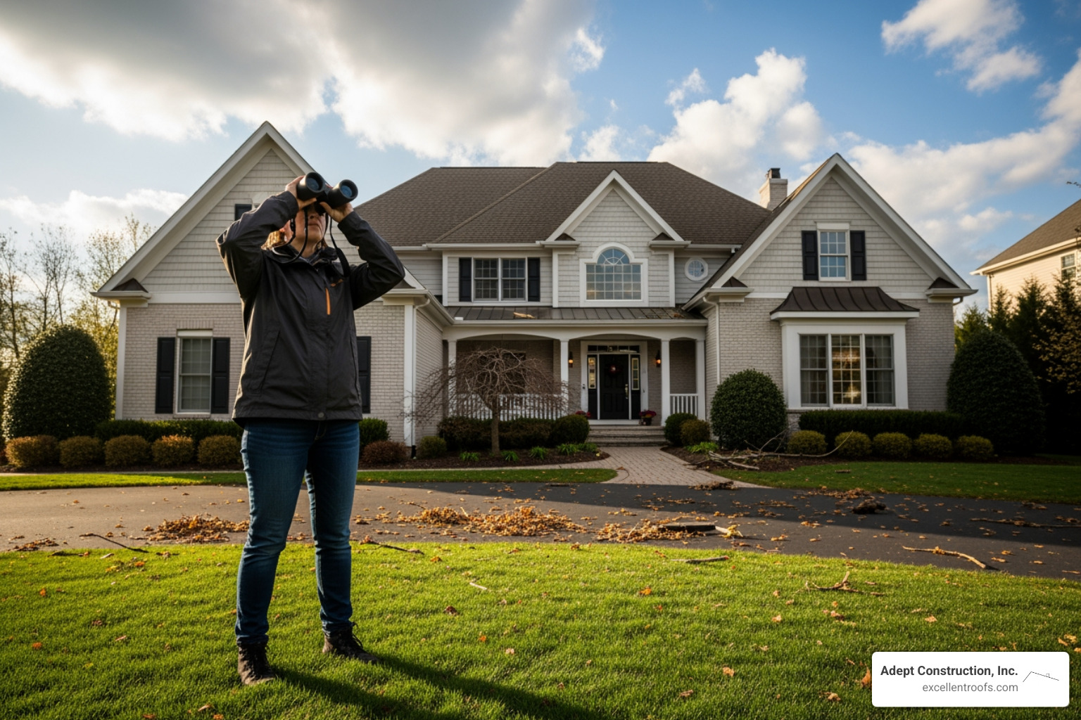 homeowner safely inspecting their roof from the ground with binoculars - storm damage roof repair in naperville
