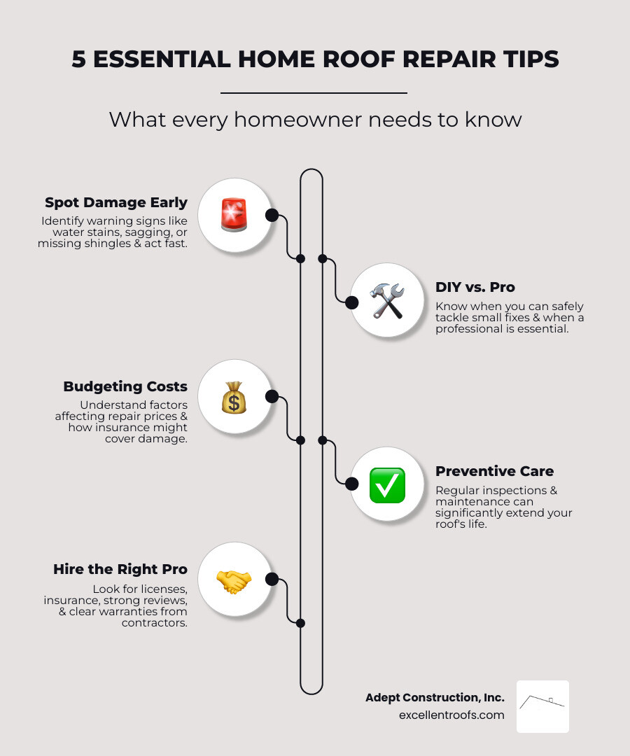infographic showing 5 key things to know before roof repair: 1. Spotting damage early with warning signs like water stains and missing shingles, 2. DIY versus professional repairs with safety considerations, 3. Understanding cost factors including materials and labor, 4. Prevention through regular inspections and maintenance, 5. Choosing a qualified contractor with proper licensing and insurance - roof repair home infographic infographic-line-5-steps-elegant_beige infographic showing 5 key things to know before roof repair: 1. Spotting damage early with warning signs like water stains and missing shingles, 2. DIY versus professional repairs with safety considerations, 3. Understanding cost factors including materials and labor, 4. Prevention through regular inspections and maintenance, 5. Choosing a qualified contractor with proper licensing and insurance - roof repair home infographic infographic-line-5-steps-elegant_beige