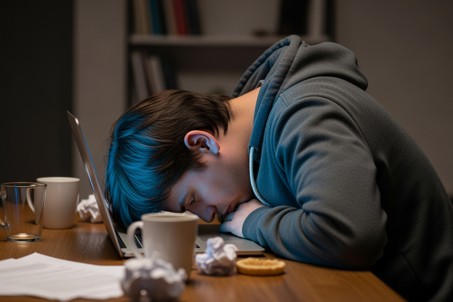Person with poor posture working on a laptop, illustrating common causes of trapezius strain - pulled trapezius treatment Person with poor posture working on a laptop, illustrating common causes of trapezius strain - pulled trapezius treatment