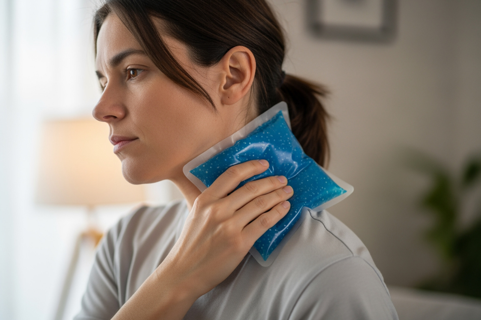 Person applying a cold pack to their neck and shoulder area - pulled trapezius treatment Person applying a cold pack to their neck and shoulder area - pulled trapezius treatment
