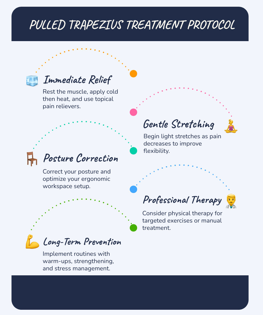 Infographic showing the 7-step pulled trapezius treatment protocol: Step 1 - Protect and rest the muscle for 48-72 hours; Step 2 - Apply cold therapy initially, then heat therapy; Step 3 - Use topical pain relievers with menthol; Step 4 - Begin gentle stretching and movement exercises; Step 5 - Focus on posture correction and ergonomic adjustments; Step 6 - Consider physical therapy and professional treatment options; Step 7 - Implement prevention-focused routines with proper warm-ups and strengthening exercises - pulled trapezius treatment infographic infographic-line-5-steps-blues-accent_colors Infographic showing the 7-step pulled trapezius treatment protocol: Step 1 - Protect and rest the muscle for 48-72 hours; Step 2 - Apply cold therapy initially, then heat therapy; Step 3 - Use topical pain relievers with menthol; Step 4 - Begin gentle stretching and movement exercises; Step 5 - Focus on posture correction and ergonomic adjustments; Step 6 - Consider physical therapy and professional treatment options; Step 7 - Implement prevention-focused routines with proper warm-ups and strengthening exercises - pulled trapezius treatment infographic infographic-line-5-steps-blues-accent_colors