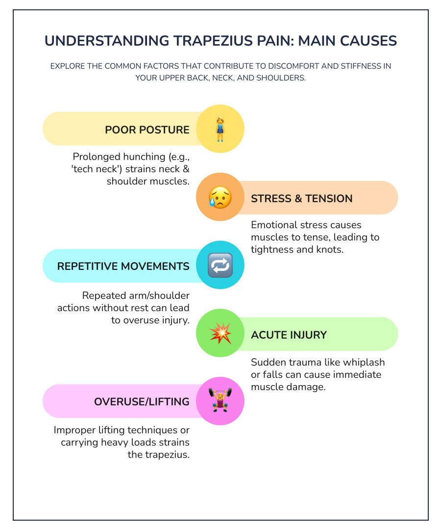Infographic showing the trapezius muscle anatomy with three sections labeled (upper, middle, lower trapezius), common pain locations marked in the neck and shoulder area, and main causes listed: poor posture, stress and tension, repetitive movements, acute injury or trauma, and overuse from lifting - hurt trapezius infographic infographic-line-5-steps-colors Infographic showing the trapezius muscle anatomy with three sections labeled (upper, middle, lower trapezius), common pain locations marked in the neck and shoulder area, and main causes listed: poor posture, stress and tension, repetitive movements, acute injury or trauma, and overuse from lifting - hurt trapezius infographic infographic-line-5-steps-colors