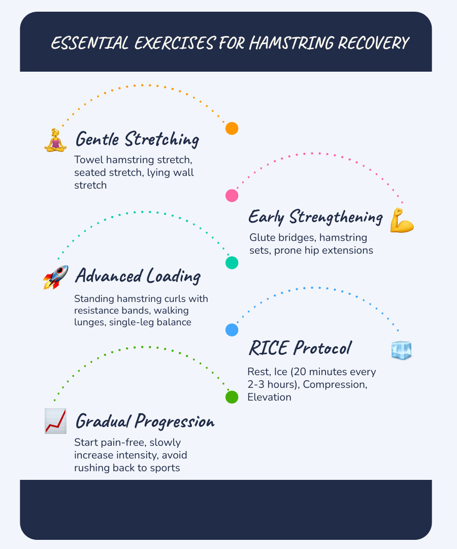 Infographic showing the three hamstring muscles (biceps femoris, semitendinosus, semimembranosus) running along the back of the thigh from hip to knee, with three severity grades illustrated: Grade 1 showing minor fiber damage with 3-14 day recovery, Grade 2 showing partial tear with 2-8 week recovery, and Grade 3 showing complete tear with several month recovery - exercises for a pulled hamstring muscle infographic infographic-line-5-steps-blues-accent_colors