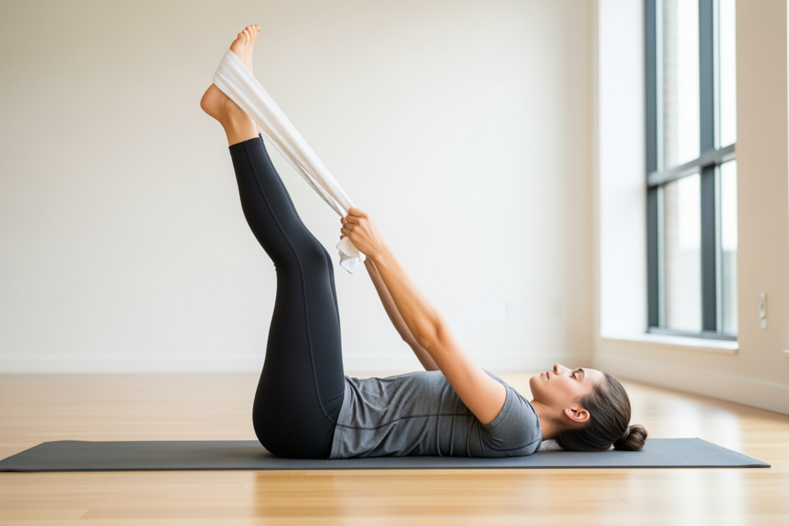 Image of a person performing a gentle towel hamstring stretch while lying on their back - exercises for a pulled hamstring muscle