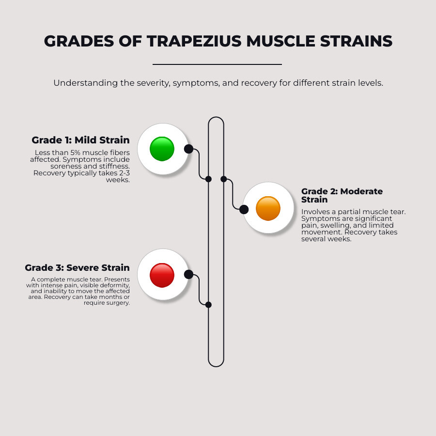 infographic showing three grades of trapezius muscle strains with symptoms and recovery timelines - Grade 1 shows mild strain with less than 5% fibers affected, 2-3 week recovery, symptoms of soreness and stiffness; Grade 2 shows moderate strain with partial tear, several weeks recovery, symptoms of significant pain, swelling, and limited movement; Grade 3 shows severe complete tear, months of recovery or surgery needed, symptoms of intense pain, visible deformity, and inability to move affected area - Trapezius muscle strain treatment infographic infographic-line-3-steps-elegant_beige