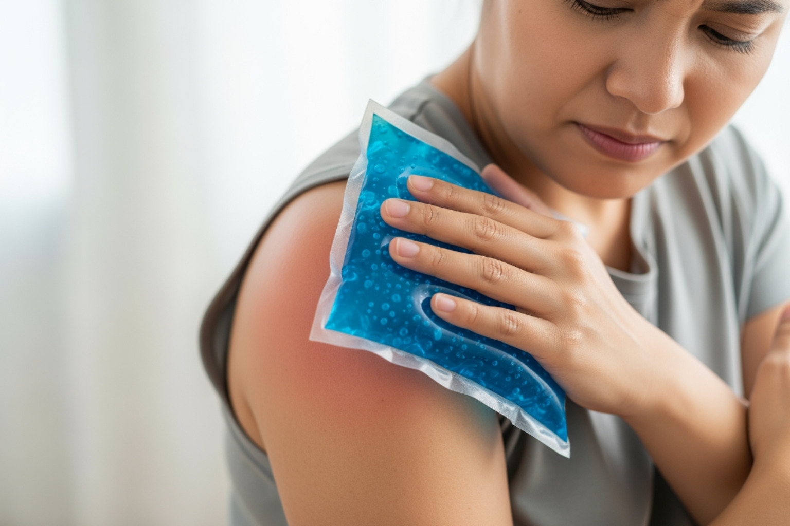 person applying cold pack to shoulder - Trapezius muscle strain treatment