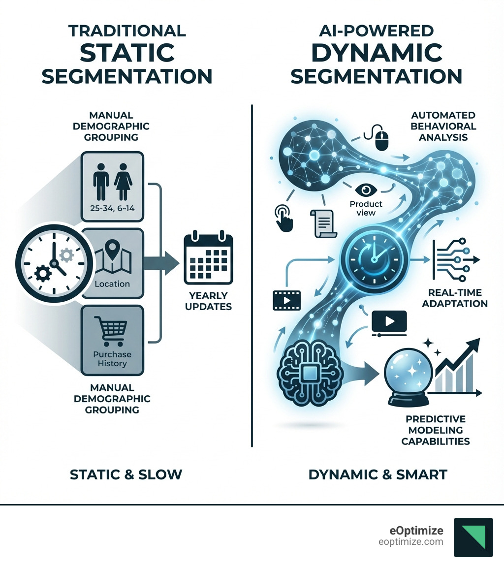 Infographic comparing traditional static segmentation with manual demographic grouping and yearly updates versus AI-powered dynamic segmentation with automated behavioral analysis, real-time adaptation, and predictive modeling capabilities - AI audience segmentation infographic 