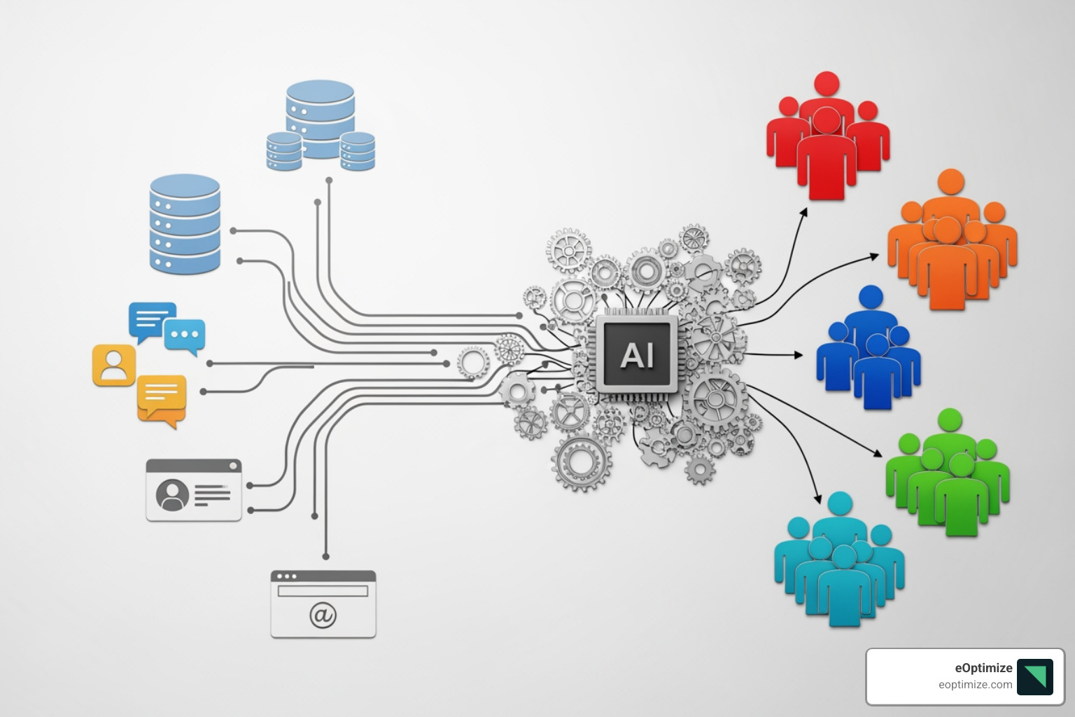 Flowchart showing data inputs, AI processing, and segmented outputs - AI audience segmentation